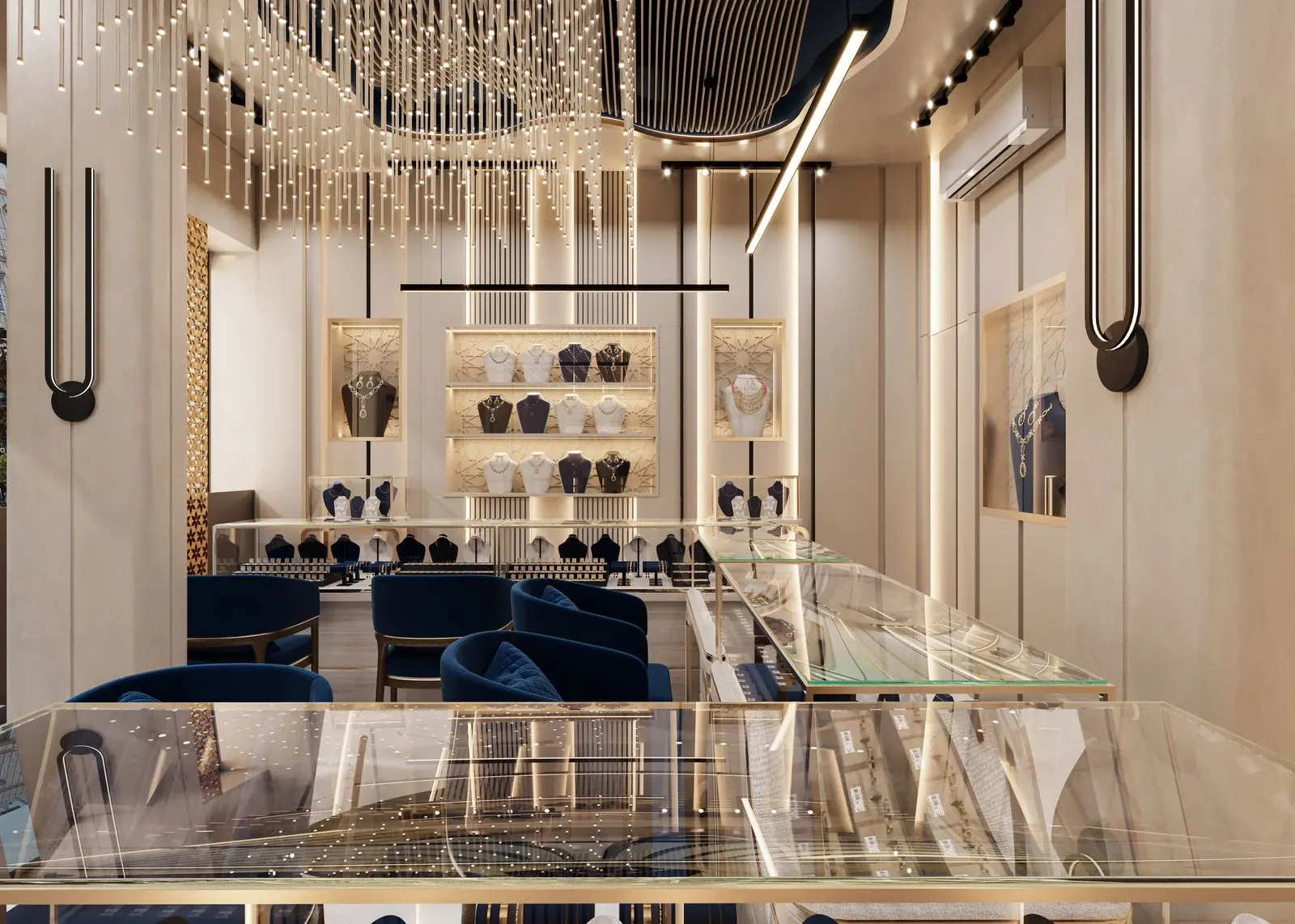 Illustrative luxury boutique interior with a client seating area and lit display cases (licensed stock photo, not the AP House space)