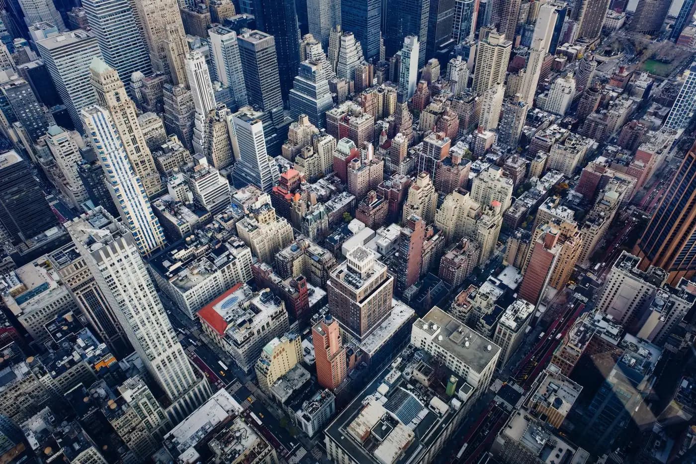 Aerial view of dense Manhattan office towers